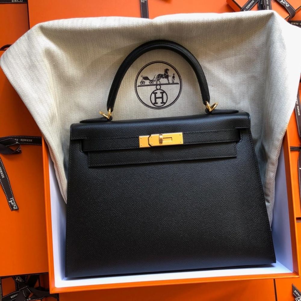 Hermes Noir Black Gold Hardware Togo Kelly 28 Bag Leather Handbag