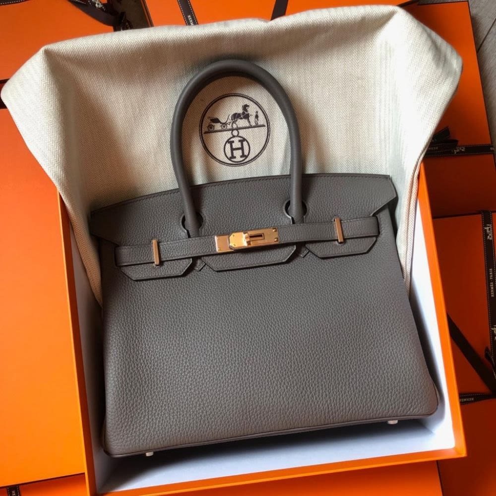 Hermès Gris Etain Togo Leather Rose Gold Finished Birkin 30 Bag Hermes