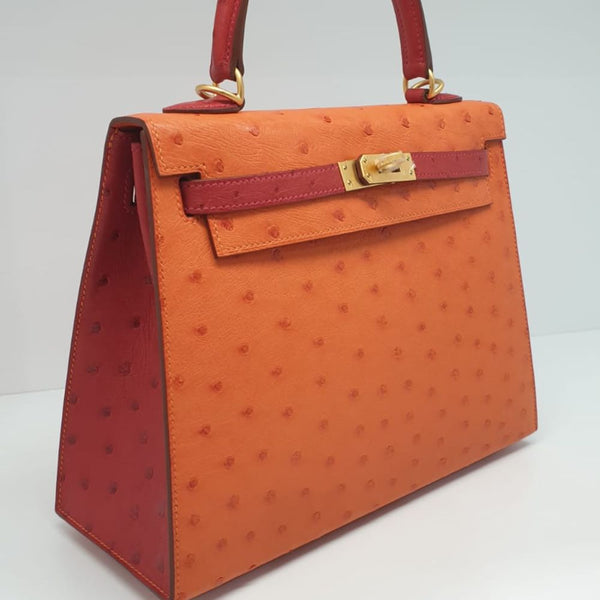 Hermès Kelly 25 Tangerine/Rouge Vif Ostrich Brushed Gold Hardware