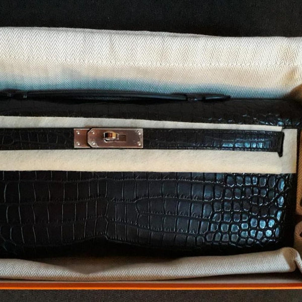 Hermès Kelly Cut Noir (Black) Crocodile Porosus Matte Palladium Hardware