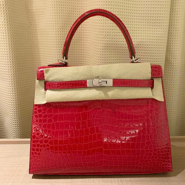 Hermès Kelly 25 Braise Crocodile Porosus Lisse Palladium Hardware