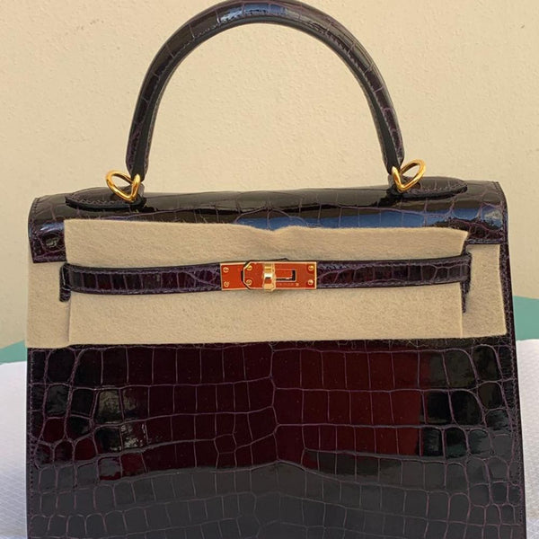 Hermès Kelly 25 Prunoir Sellier Crocodile Niloticus Lisse Gold Hardware